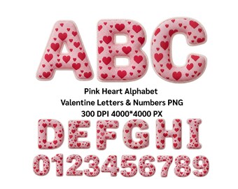 Pink Heart Alphabet Valentine Letters & Numbers PNG, Alphabet PNG 300DPI 4000*4000 PX (Digital Download)