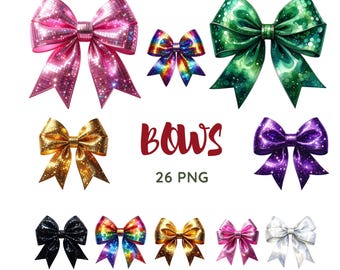 Glitter Bow Clipart PNG | Sparkly Hair Bows Digital Download | Colorful Ribbon Graphics for Crafts, Scrapbooking & Sublimation