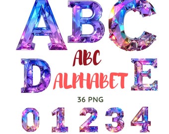 Crystal Alphabet & Numbers PNG | Gemstone Letters Clipart | Sparkling Jewel Font Digital Download for Crafts and Sublimation