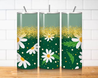 Daisy Glitter Tumbler Wrap PNG 20oz Skinny Straight Green Floral Sublimation Design Digital Download
