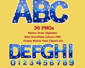 Winter Snow Alphabet • Blue Snowflake Letters PNG • Frosty Winter Font Clipart Set. Alphabet PNG. Front PNG.
