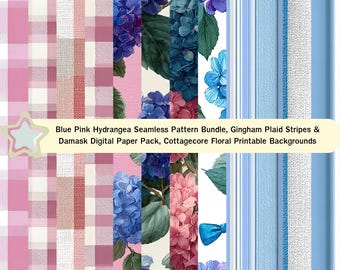 Blue Pink Hydrangea Seamless Pattern Bundle, Gingham Plaid Stripes & Damask Digital Paper Pack, Cottagecore Floral Printable Backgrounds