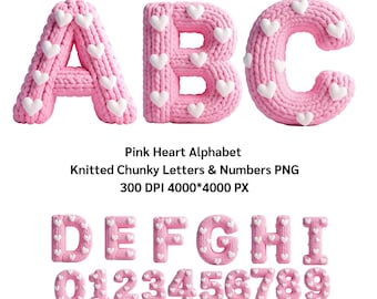 Pink Heart Alphabet • Knitted Chunky Letters & Numbers PNG, Alphabet PNG, 300 DPI (4000*4000 px)(Digital Download)
