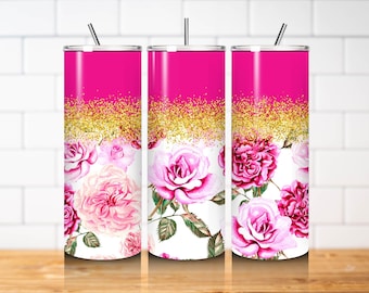 Hot Pink Rose Tumbler Wrap PNG 20oz Skinny Straight Glitter Floral Sublimation Design Digital Download