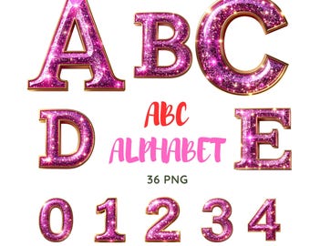 Pink Glitter Alphabet & Numbers: Glam PNG Clipart (Digital Download)