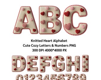 Knitted Heart Alphabet • Cute Cozy Letters & Numbers PNG, Alphabet PNG, 300 DPI (4000*4000 px)(Digital Download)