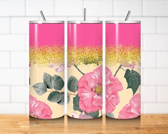 Pink Rose Tumbler Wrap PNG 20oz Skinny Straight Gold Glitter Floral Sublimation Design Beige Background Digital Download