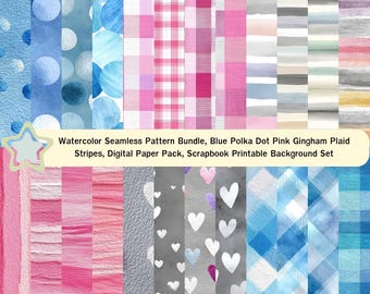 Watercolor Seamless Pattern Bundle, Blue Polka Dot Pink Gingham Plaid Stripes, Digital Paper Pack, Scrapbook Printable Background Set