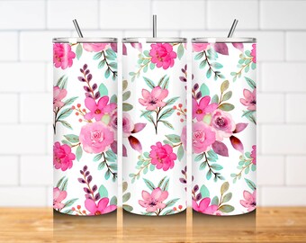 Pink Floral Tumbler Wrap PNG 20oz Skinny Straight Watercolor Flower Sublimation Design Digital Download