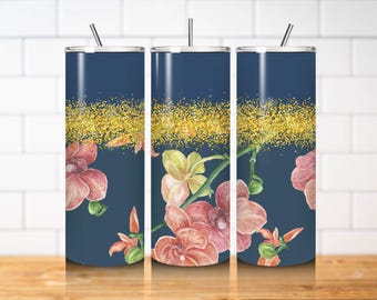 Orchid Tumbler Wrap PNG 20oz Skinny Straight Gold Glitter Floral Sublimation Tumbler Design Navy Blue Digital Download