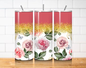 Vintage Rose Tumbler Wrap PNG 20oz Skinny Straight Gold Glitter Floral Butterfly Sublimation Tumbler Design Download