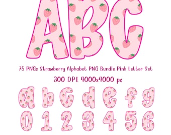 Strawberry Alphabet PNG Bundle Pink Letter Set Sublimation Font Clipart ABC Monogram Letters Numbers Digital Download
