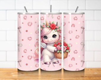 Cute Unicorn Tumbler Wrap PNG 20oz Skinny Straight Sublimation Design Pink Floral Unicorn Bow Digital Download