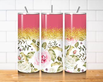 Pink Rose Tumbler Wrap PNG 20oz Skinny Straight Gold Glitter Vintage Floral Sublimation Tumbler Design Download