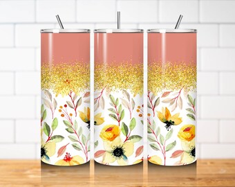Yellow Floral Tumbler Wrap PNG 20oz Skinny Straight Gold Glitter Watercolor Flowers Sublimation Tumbler Design Download