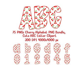 Cherry Alphabet PNG Bundle, Cute ABC Letter Clipart, Red Cherry Font, Kids Sublimation Design, Printable Alphabet Set