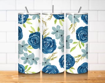 Blue Floral Tumbler Wrap PNG 20oz Skinny Straight Watercolor Rose Flower Sublimation Design Digital Download