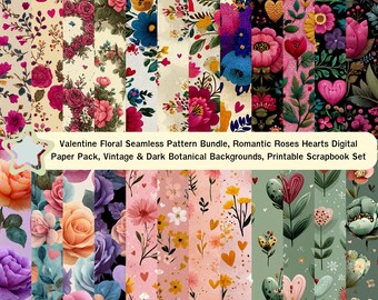 Valentine Floral Seamless Pattern Bundle, Romantic Roses Hearts Digital Paper Pack, Vintage & Dark Botanical Backgrounds Set