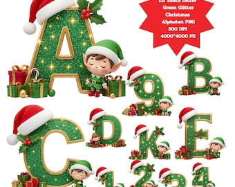 Elf Santa Letter • Green Glitter Christmas Alphabet PNG, Alphabet PNG, 300 DPI (4000*4000 px)(Digital Download)