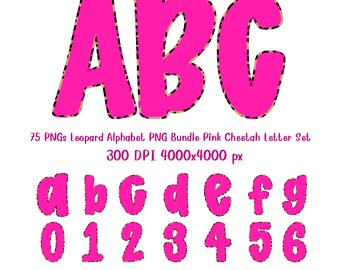 Hot Pink Alphabet PNG Bundle Leopard Outline Letter Set Sublimation Font Clipart ABC Monogram Letters Numbers Download
