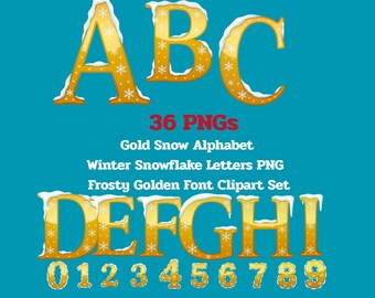 Gold Snow Alphabet • Winter Snowflake Letters PNG • Frosty Golden Font Clipart Set. Alphabet PNG. Front PNG.