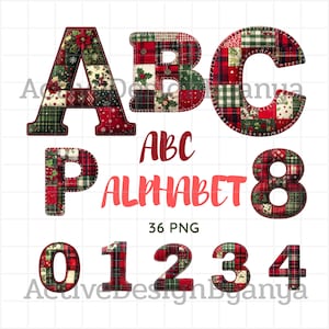 May include: A collection of decorative letters and numbers in a patchwork design. The letters A, B, C, and P, along with the numbers 0, 1, 2, 3, 4, and 8, are featured. The letters and numbers are red, green, and white with a stitched border. The word "ALPHABET" is in red.
