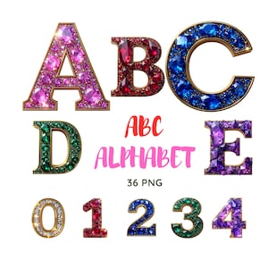 Gemstone Alphabet & Numbers PNG | Colorful Crystal Letters Clipart | Luxury Sparkle Font Digital Download for Crafts and Sublimation
