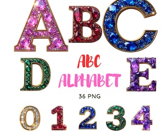 Gemstone Alphabet & Numbers PNG | Colorful Crystal Letters Clipart | Luxury Sparkle Font Digital Download for Crafts and Sublimation