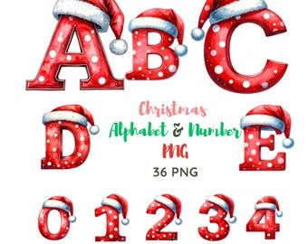 Christmas Alphabet & Numbers PNG: Santa Hat Clipart (Digital Download)