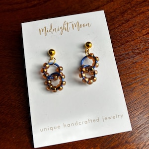 Gold & blue beaded earrings