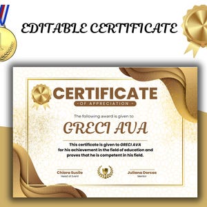May include: A gold certificate of appreciation with a white background and gold accents. The certificate is for GRECI AVA for his achievement in the field of education. The text "CERTIFICATE - OF APPRECIATION -" is at the top of the certificate.