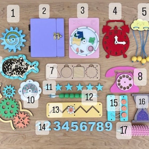 Busy board details, 1 year old toy busy board, Montessori activity board accessories, busy board parts and elements, child busy board pieces