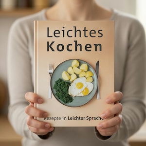 Puede incluir: Una persona sostiene un libro de cocina titulado "Leichtes Kochen" (Cocina Ligera). La portada presenta un plato con huevos, patatas y espinacas. El título del libro está en letras negras grandes, con texto adicional en la parte inferior.