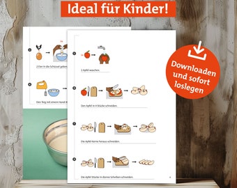 Rezept in Leichter Sprache, Apfelpfannkuchen / Bild Rezept für Kinder / Einfaches Rezept / Montessori Rezept / Tassenrezept