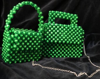 Handbag for mother and daughter made of green beads,Crystal green bead bag, Bead shoulder bag, Bead bag,back shoulders bag, Women handbag