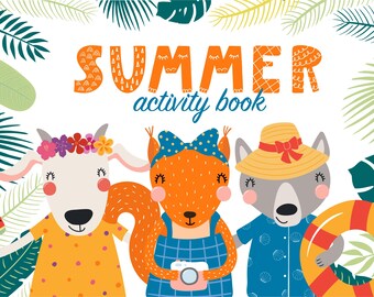 Op de afbeelding: Een omslag van een zomeractiviteitenboek met drie cartoondieren: een geit met een bloemenkrans, een eekhoorn met een blauwe strik en een wolf met een strohoed. De dieren worden omringd door tropische bladeren en de tekst "Summer activity book" staat in oranje letters.