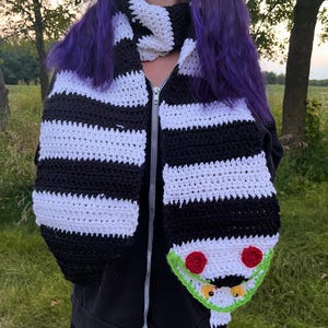 May include: A black and white striped crocheted scarf with a green, white, and red crocheted face attached to the end. The face has two red eyes, a yellow nose, and a white mouth.