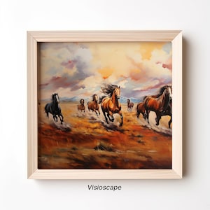 Wild horses on prairie - No1 - print of vintage oil painting - ready to hang – mustangs - grass fields - american fauna - summertime