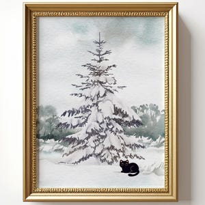 Print winterbos zwarte kat – muurkunst besneeuwde boomkat – Scandinavische minimalistische digitale download dieren – Cozy Woodland Winter Decor