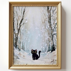 Black Cat Winter Forest Print – Moody Snowy Landscape Digital Art, Aesthetic Cat Illustration, Cozy Cottagecore Printable Wall Decor