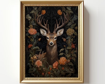 William Morris Deer Print | Deer Portrait Wall Art | Moody Deer Poster | Vintage Deer Painting | Deer Lover Gift | Digital Download