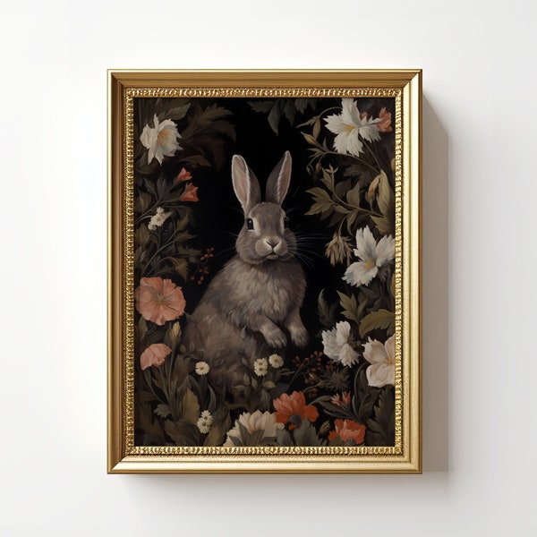 William Morris Rabbit Print | Bunny Portrait Painting | Gray Rabbit Poster | Vintage Bunny Wall Art | Rabbit Lover Gift | Digital Download