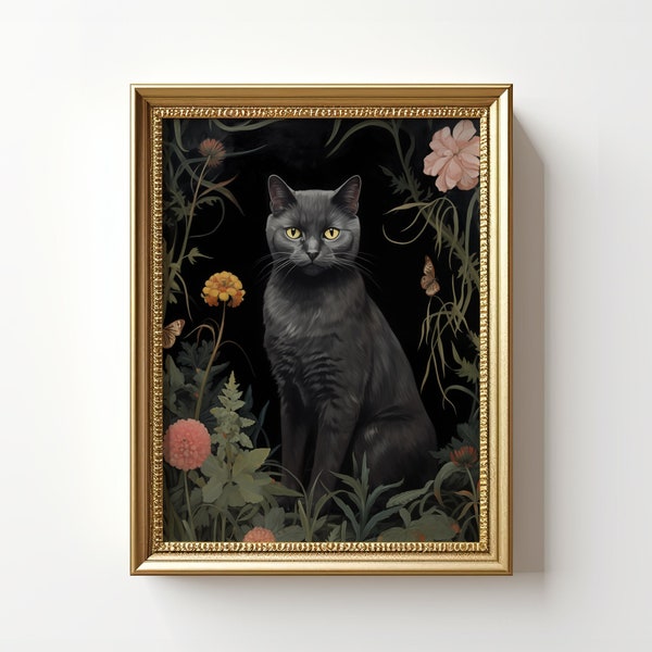William Morris Cat Print | Flowers Cat Portrait Painting | Gray Cat Poster | Vintage Cat Wall Art | Cat Lover Gift | Digital Download