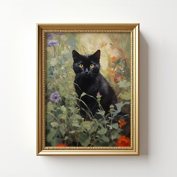 Claude Monet Garden Cat Print | Flowers Cat Painting | Garden Black Cat Poster | Floral Cat Wall Art | Cat Lover Gift | Digital Download