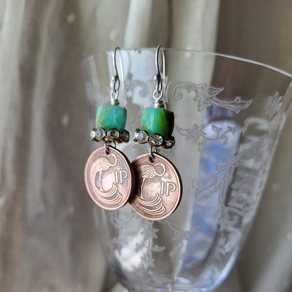 Repurposed Vintage Irish Coin Earrings  Irish Half Penny Bird Upcycled Peruvian Opal Gemstone Cube Beads Mismatched Dates