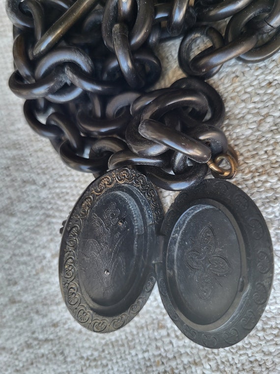 Antique Victorian Gutta Percha Locket and Chain N… - image 6