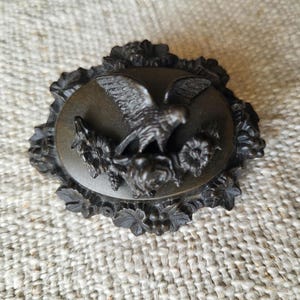 Antique Victorian Vulcanite Mourning Brooch Remembrance Eagle Garland Rose Exceptional Sentimental Collector Piece