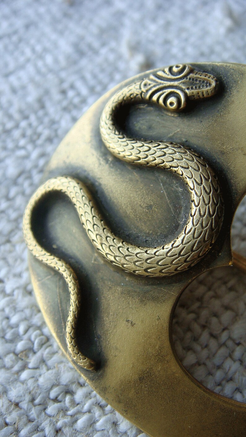 Vintage Antique Brass Snake Heart Edwardian Victorian Sash Pin Faux Buckle Brooch image 3