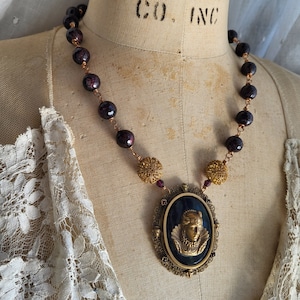 Vintage Tudor Queen Cameo Garnet Necklace Filigree Assemblage Conversion Upcycled Elizabethan Style