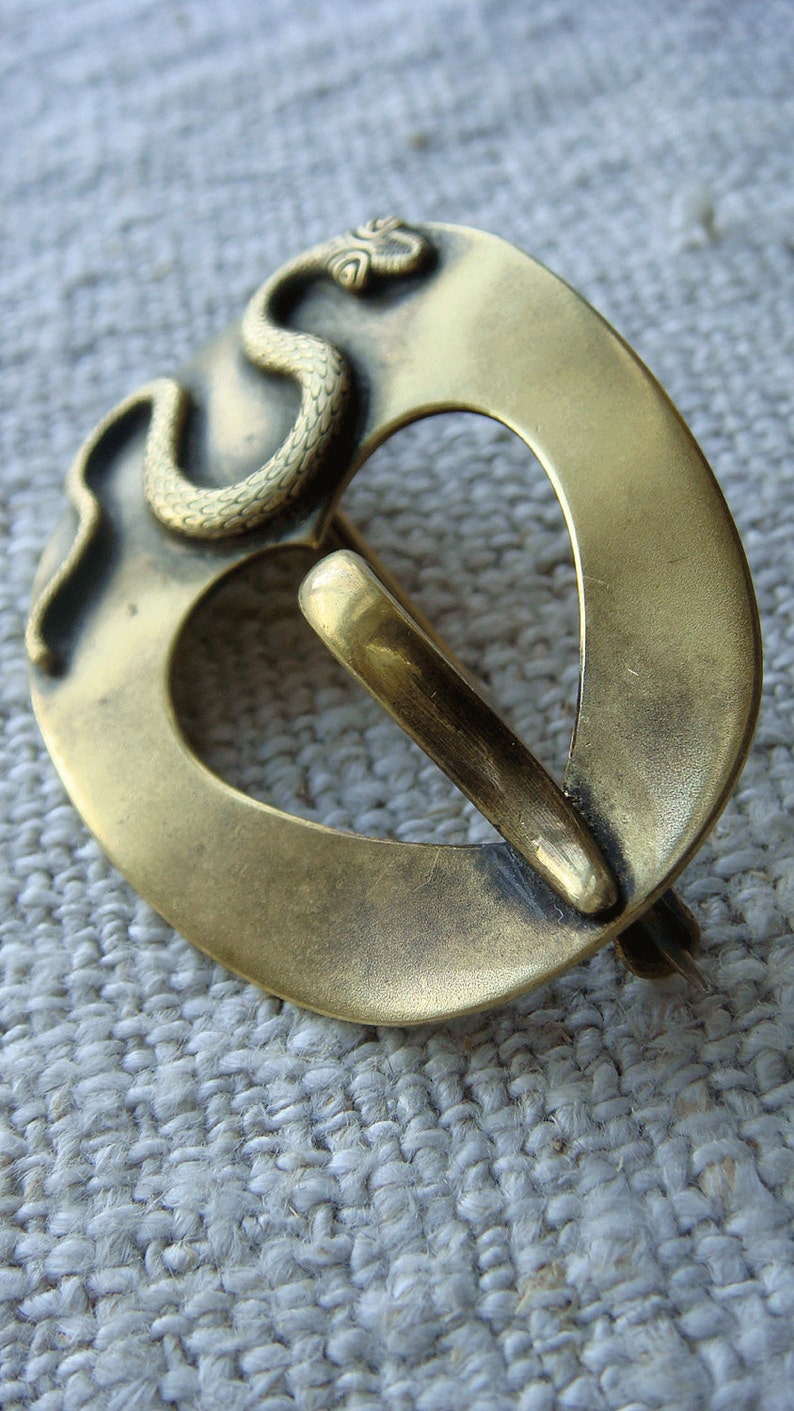 Vintage Antique Brass Snake Heart Edwardian Victorian Sash Pin Faux Buckle Brooch image 4